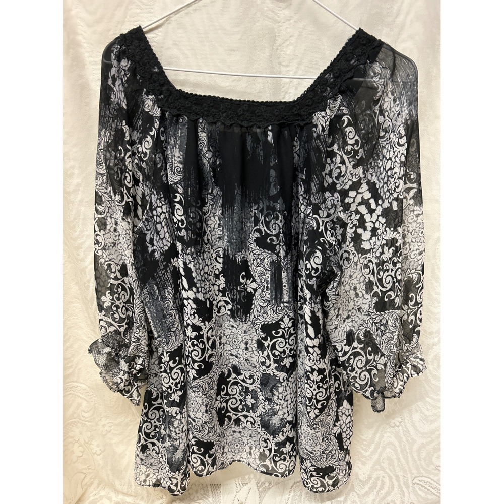 NY Collection Womens Black White Damask Chiffon Blouse Crochet Lace Trim Large - Picture 6 of 8